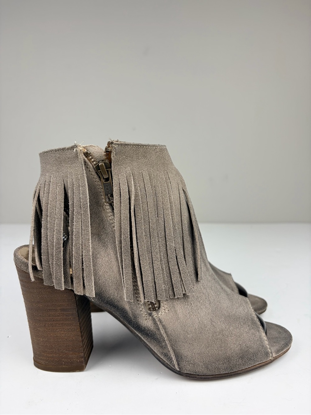 Diba True Fringe Peep Toe Ankle Booties Taupe Suede Leather Block Heel Sz 10‎